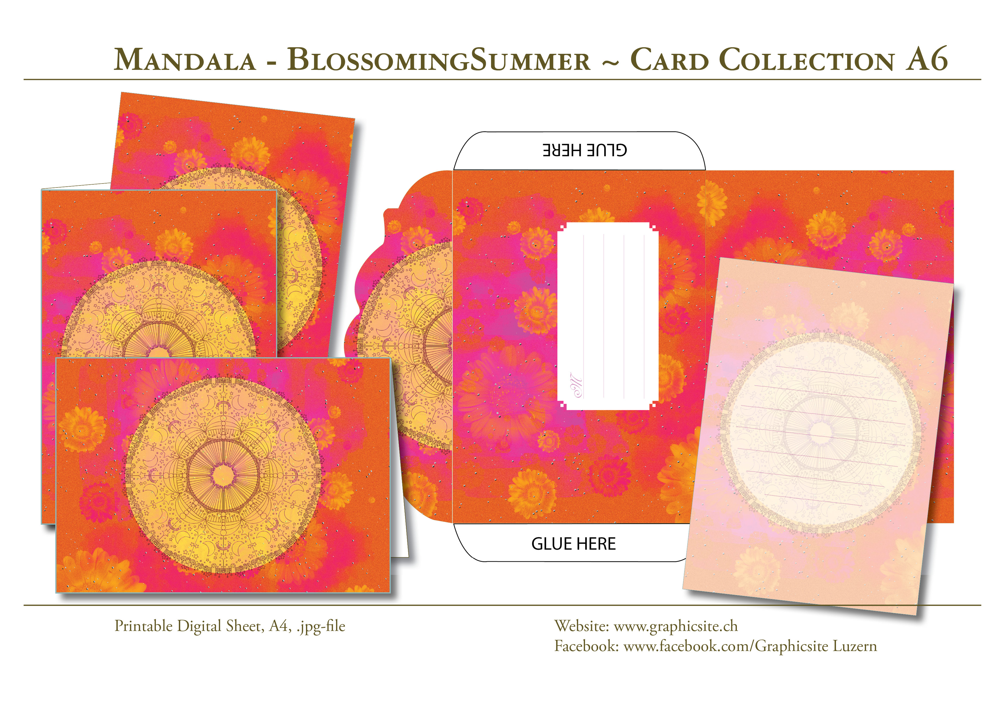Printable Digital Sheets - DIN A-Format - MANDALA BlossomingSummer, Greeting Cards, Yoga, Meditation, Cards, Envelop, Graphic Design, Luzern